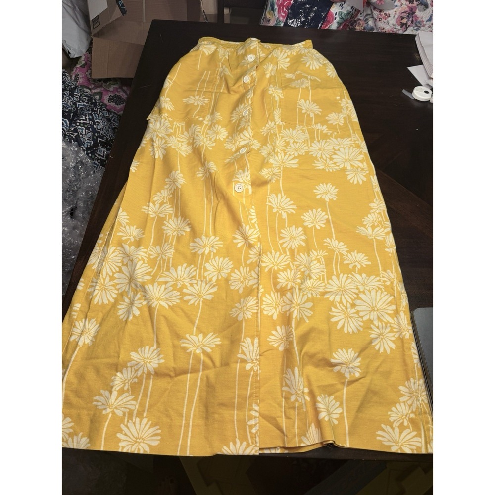 Vintage Sears Yellow White Print Front Button Maxi Skirt 12 hippie psychedelic